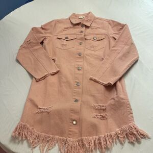 BiBi Pale Pink Destroyed Distressed Hippie Boho Chic Denim Jacket Size Small